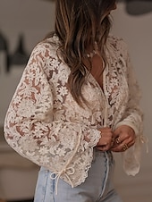 billiga Spets toppar-Dam Spets Splicing Top Ensfärgat Stylish Ledigt Långärmad V-hals Vanliga toppar Dagligen Spets Lappverk Beige Sommar Vår