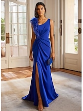 baratos AZUL-Vestido de noite elegante, verde e azul, coluna, formal, para convidados de casamento, longo, sem mangas, gola redonda, crepe elástico destacável, com penas e franzido, 2025