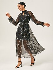 economico Abiti floreali-Per donna Femminile Vestito Casual Abito maxi Nero Manica Lunga A Pois Stampato Estate Interstagionale Collo Alto Vacanza Stile Boho XS S M