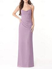 baratos Vestidos para Madrinhas-Vestido de dama de honra em corte A, decote em V / alças finas, sem mangas, elegante, longo, charmeuse com fenda frontal / franzido 2025