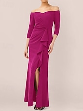 economico BLU-Abito da sera sirena  tromba abito elegante matrimonio formale lunghezza fino al pavimento maniche 3/4 spalle scoperte crepe elasticizzato con pieghe e volants arricciati