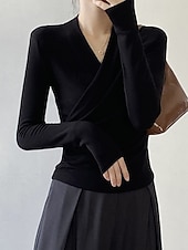 abordables Hauts Unis pour Femmes-Femmes Chemisier Uni Moderne Occasionnel manche longue Col en V Hauts Réguliers Quotidien Fête Froncé Noir Blanche Marron clair Automne