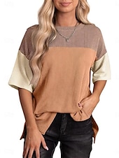 billige Stripe og geometrisk t-skjorte-Dame T skjorte Fargeblokk Mote Moderne Fritid Kortermet Crew-hals Vanlige topper Daglig Helg Lapper Svart Rosa Oransje Grønn Kakifarget Sommer Vår