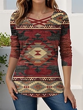 billige Boho t-skjorte-Dame T skjorte Grafisk Geometrisk Abstrakt Årgang Stilfull Moderne Langermet V-hals Vanlige topper Daglig Utskjæring Trykt mønster Rød Brun Kakifarget Vår Høst