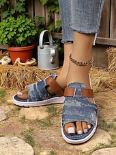 economico Sandali Casual-sandali slip-on in denim da donna con dettagli in similpelle, stile rustico chic da fattoria per barbecue in giardino, passeggiate in campagna e abbigliamento casual quotidiano