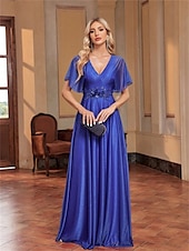 preiswerte BLAU-A-Linie Quinceanera Kleider Elegantes Kleid Formelle Hochzeit Bodenlang Kurzarm V-Ausschnitt Chiffon mit Falten