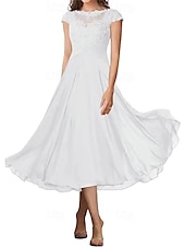 billiga Te Längd-A-linjeformad bröllopsfestmammas klänning elegant enkel krage ankellängd chiffon kort ärm med veck solid färg
