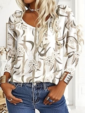 abordables T-shirt floral-Femmes T-shirt Fleuri Graphique Abstrait ancien Élégant Occasionnel manche longue Col en V Hauts Longs Quotidien Week-end Imprimé Violet Vert Kaki Printemps