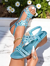 preiswerte Keilsandalen-Mit Strasssteinen verzierte blaue Keilsandaletten für Damen mit Blumenmuster und glitzerndem Design für Gartenpartys, Strandurlaube und Sommerspaziergänge