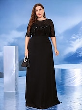 voordelige Zwart-A-Lijn Plus Size Jurken Elegante Curve Jurk Formele Bruiloft Vloerlengte Half Mouw Crew Hals Chiffon met Parels