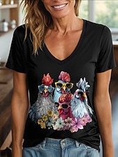 billige Dyrene tee-Dame T skjorte Blomstret Grafisk Dyr Årgang Stilfull Klassisk Kortermet V-hals Vanlige topper Daglig Trykt mønster Svart Hvit Rosa Rød Blå Sommer Vår