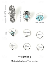 cheap Women&#039;s Rings-Women&#039;s Boho Vintage Turquoise Ring Set – 9-Piece Antique Silver Adjustable Midi Rings for Gypsy Festival, Beachwear and Casual Styling
