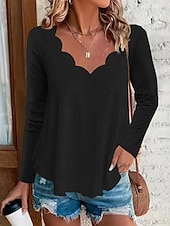 cheap Plain Tops-Women&#039;s Blouse Solid Color Basic Casual Long Sleeve V Neck Regular Tops Daily Eyelet Black White Pink Khaki Summer