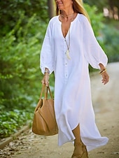 preiswerte Weißes Kleid-Damen Maxikleid A Linie Kleid Sommerkleid Lässig Täglich Normale Passform Einfach Langarm V Ausschnitt Schwarz Weiß Braun Grau Sommer