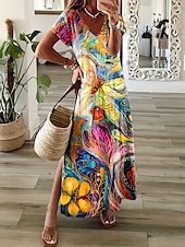 ieftine Rochie Artă și Design-Pentru femei Rochie Maxi Rochie casual Rochie de Vară Rochie A line Elegant Vacanță Casual Plajă Fit regulat Floral Grafic Abstract Manșon scurt În V Colourful Albastru piscină Mov Vară Primăvară
