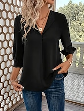 abordables Blusas Sencillas-Mujer Blusa Color sólido Elegante Básico Casual Manga 3/4 Cuello Camisero Tops regulares Oficina Trabajo Negro Vino Verde Trébol Verano Primavera Otoño