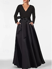 baratos PRETO-Vestido de noite elegante e formal com lantejoulas, corte A, para convidada de casamento, comprimento até o chão, manga comprida, decote em V, bolso, cetim com fenda brilhante 2025