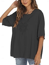 preiswerte Damen Einfache Oberteile-Damen Hemd Einfarbig Blumen Lässig Boho Dreiviertelarm Ellbogenärmel Rundhalsausschnitt Normale Oberteile Täglich Ausgehen Rüsche Bestickt Schwarz Weiß Rote Khaki Sommer