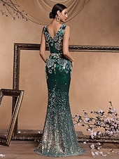voordelige GROEN-Zeemeermin  Trompet Quinceanera Jurken Elegante Jurk Formele Bruiloft Vloerlange Mouwloos V-hals Sequined Rugloos met Sequins