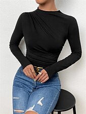 preiswerte Einfarbiges T-Shirt-Damen Bluse Einfarbig Elegant Stilvoll Basic Langarm Rundhalsausschnitt Normale Oberteile Täglich Gerafft Schwarz Weiß Braun Hellgrau Aprikose Sommer Frühling