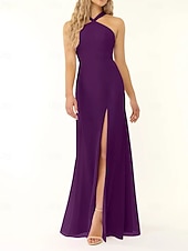 baratos Vestidos para Madrinhas-Vestido de dama de honra sereia/trompete, decote halter, sem mangas, elegante, longo, chiffon, com fenda frontal 2025