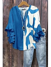 economico Top d&#039;Arte e Design per Donne-Per donna Blusa Floreale Grafico Geometrico Bohemien Vintage Quotidiano Manica 3/4 Manica a Volant Scollo a V Top Regolari Quotidiano Ferie Abbigliamento da vacanza Volant Stampato Nero Rosa Blu