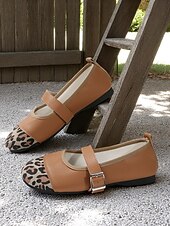 levne Dámské boty s plochou podrážkou-Dámské boty Mary Jane s leopardím potiskem a nastavitelným páskem, pohodlná ležérní barefoot obuv pro venkovní i každodenní nošení