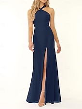 baratos Vestidos para Madrinhas-Vestido de dama de honra sereia/trompete, decote halter, sem mangas, elegante, longo, chiffon, com fenda frontal 2025