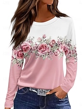 ieftine tricou floral-Pentru femei Tricou Floral Grafic Plante Epocă Stilat Clasic Manșon Lung Stil Nautic Rotund Topuri obișnuite Zilnic Imprimeu Alb Roz Îmbujorat Albastru piscină Vară Primăvară Toamnă