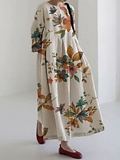 preiswerte Blumenkleid-Damen Midikleid Sommerkleid A Linie Kleid Urlaub Lässig Strand Ferien Lässiger Schnitt Blumen Grafik Langarm Rundhalsausschnitt U-Boot-Ausschnitt Hellgrün Khaki Grau Sommer Frühling