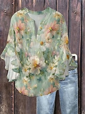 billige Blomstrete topper-Dame Bluse Blomstret Stilfull Moderne 3/4 ermer V-hals Vanlige topper Daglig Ferie Drapering Trykt mønster Lysegrønn Blå Grønn Grå Lyseblå Sommer