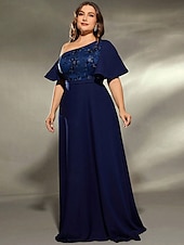 baratos AZUL-Vestido de Gala Linha A Vestido Elegante Casamento Formal Comprimento do Chão Manga Curta Um Ombro Cetim com Pregas