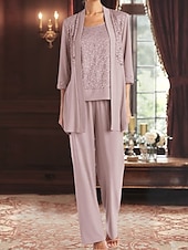 preiswerte Hosenanzüge für Mama-Overall / Hosenanzug Dreiteilig Hosenanzug Brautmutterkleid Elegant Vintage Einfach U-Boot-Ausschnitt Knöchellänge Stretch Chiffon Halbarm mit Spitze Paillette Stickerei 2025