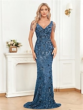 abordables ROJO-Vestidos de quinceañera de sirena/trumpet vestido elegante boda invitada de boda larga sin mangas con cuello de pico poliéster sin espalda con lentejuelas