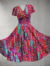 abordables Robes fleuries-Femmes Robe Midi Robe d&#039;été Robe ajustée et évasée Fête Occasionnel Quotidien Fête Coupe régulière Fleuri Graphique Manche Courte Col en V Bleu Fuchsia Orange Été