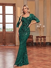 cheap BLUE-Mermaid / Trumpet Quinceanera Dresses Elegant Dress Formal Wedding Floor Length Long Sleeve Sweetheart Sequined with Sequin