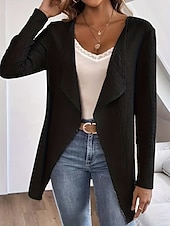 abordables Manteaux &amp; trenchs-Femmes Veste Décontractée Respirant Confortable Oversize Occasionnel Uni Vacances Rue Tenue quotidienne Sortir Ouvert devant Régulier Sans Col Coupe régulière manche longue Vêtements d&#039;extérieur Noir