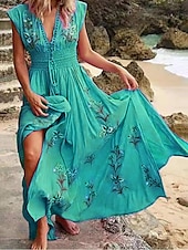 Χαμηλού Κόστους Casual Floral Φορέματα-γυναικείο μίντι φόρεμα μποέμ με λαιμόκοψη φλοράλ κέντημα ελαστική μέση κορδόνι περίσφιξης κοντό μανίκι παραλία διακοπές ροζ άνετη κανονική εφαρμογή casual καλοκαιρινά ρούχα