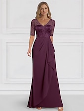 preiswerte Bodenlänge-A-Linie Brautmutterkleid Hochzeitsgast Elegant V Ausschnitt Bodenlang Chiffon Halbarm mit Rüschen Einfarbig 2025