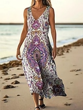 cheap Print Floral Dresses-Women&#039;s Long Dress Maxi Dress Casual Dress Tank Dress Summer Dress African Daily Holiday Beach Regular Fit Floral Sleeveless V Neck Wine Burgundy Navy Blue Blue Summer