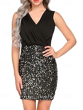 levne Jednoduché šaty-Dámské Mini šaty Flitrové šaty Šaty na párty Bodycon Módní Moderní Párty Koktejlový večírek Rande Běžný Barevné bloky Bez rukávů Do V Stříbrná Černá Zlatá Léto
