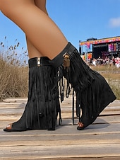 abordables Sandalias de Vacaciones-Botas de cuña con punta abierta de ante con flecos para mujer, con cremallera y detalle de candado: estilo bohemio para festivales, conciertos de música y eventos al aire libre.