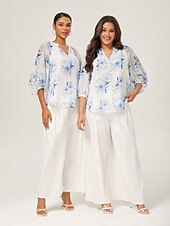 お買い得  シャツ、トップス、ブラウス-女性用 女性 カジュアルシャツ 花 カジュアル スカイブルー 五分袖 エレガント 旅行度假风 Ｖネック 夏 季節の変わり目