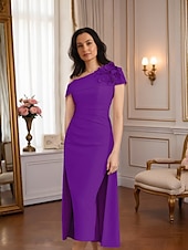 abordables Longueur du thé-Robe fourreau  colonne robe mère de la mariée robe formelle élégante vintage épaule unique longueur thé tissu extensible manches courtes avec appliques plissées robe de derby robe de jour de course