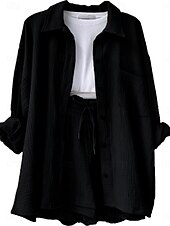 voordelige Korte sets voor dames-Dames Elegant Modieus Streetwear Katoenen linnen sets Lange mouw Overhemdkraag Effen Kleur Buiten Werk Casual Zwart Paars Oranje Zomer Ruim Passend
