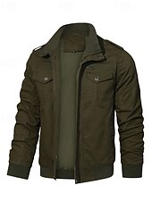 cheap Cargo Jackets-Men&#039;s Trucker Jacket Cargo Jacket Casual Jacket Vacation Daily Pocket Spring Fall Plain Fashion Classic Stand Collar Regular Black Khaki Army Green Jacket