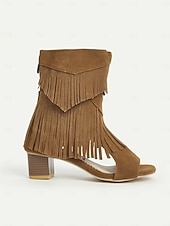 billiga Kvinnor-Bruna damsandaler med mockafransar och blockklack – bohemiska stövlar med öppen tå i västerländsk stil för musikfestivaler, sommarkläder och vardagskläder