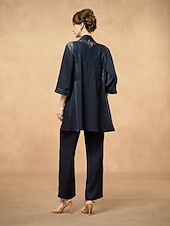 levne Blazery a obleky-Dámská přehozová bunda s krajkou, elegantní, módní, formální, formální, svatební, večírek, večírek, otevřený střih, dlouhá, bez límce, volný střih, 3/4 rukávy, svrchní oblečení, tmavě modrá, léto,