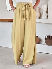 abordables jambe large et taille haute-Femmes Culottes Jambe Large Évasé Élégant Vacances ancien Long Taille Moyenne Cordon de serrage Classique Stylé Micro-Élastique Ivoire Bleu Kaki Été Printemps Automne Coupe Ample