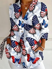 cheap Independence Day Top-Independence Day Women&#039;s Patriotic Fourth of July Shirt Graphic Flag Vintage Tropical Stylish Long Sleeve Shirt Collar Regular Tops Work Daily Buttons Print Black White Red Light Blue  Fall